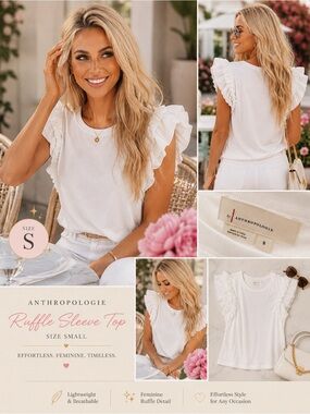 Anthropologie White Ruffle Sleeve Top